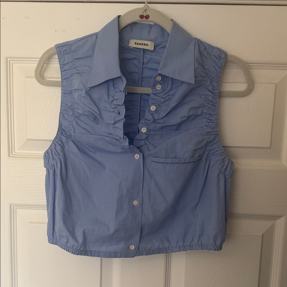 Sandro Light Blue Sleeveless Ruched Button-Front Blouse